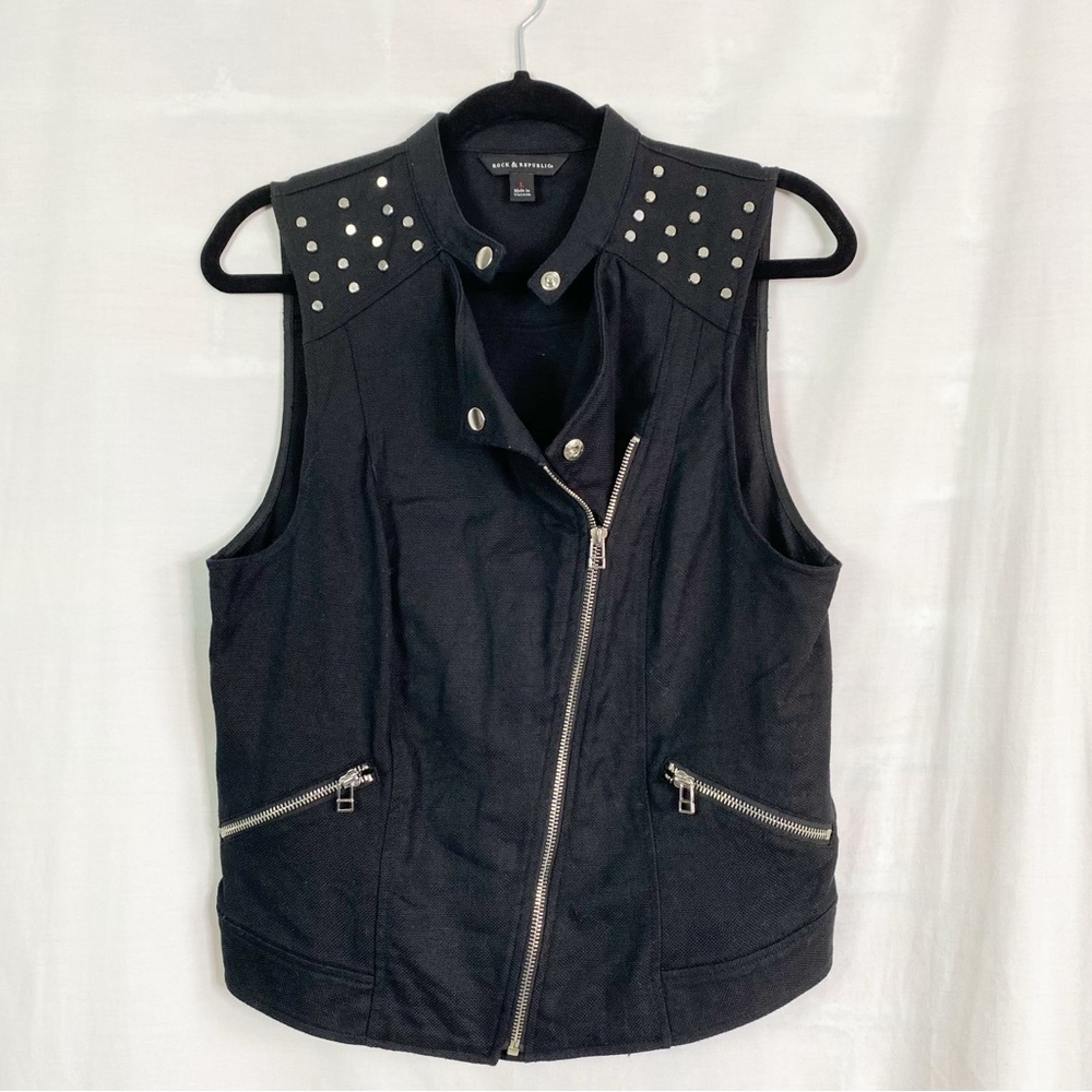 Rock & Republic Black Linen Silver Rock Stud Asymmetrical Zip Vest Lg
